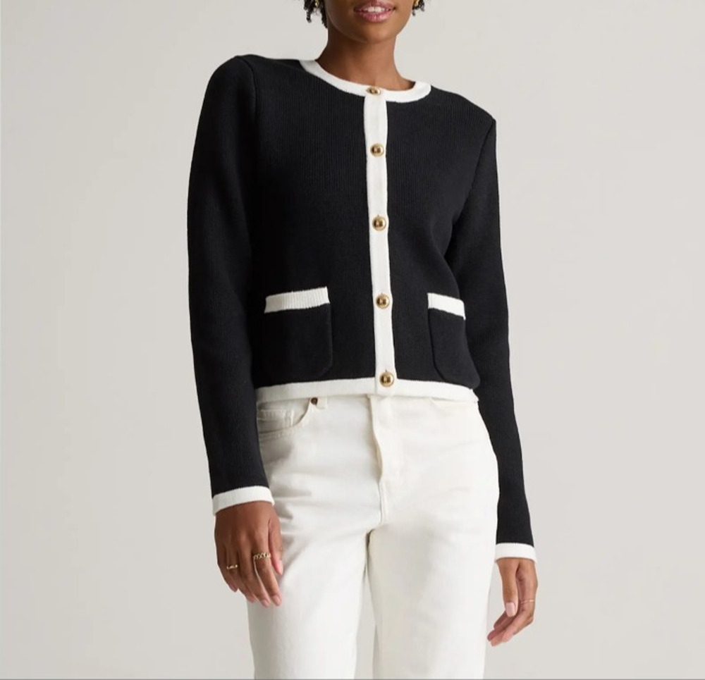 Quince Organic Cotton Sweater Jacket Black Ivory Colorblock Size Medium Preppy